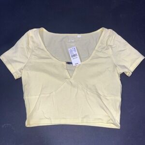 Pac Womens Yellow Crop Top With Scoop Neck & Short Sleeves Medium